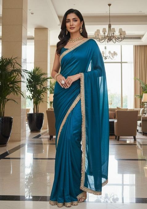 Teal Jacquard Work Chiffon Saree Set