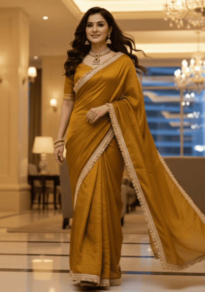 Yellow Jacquard Work Chiffon Saree Set - Indya