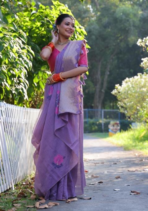 Lavender Pink Weaving Work Cotton Saree Set