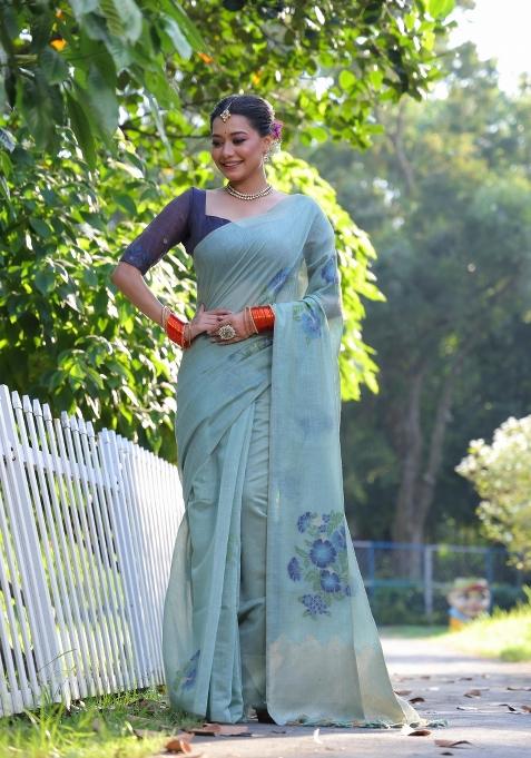 Sky Blue Weaving Work Cotton Saree Set