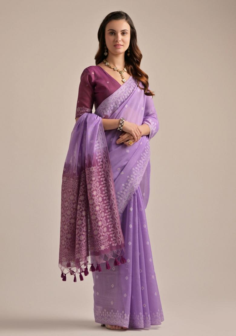 Lavender Wine Weaving Work Cotton Saree Set - Indya
