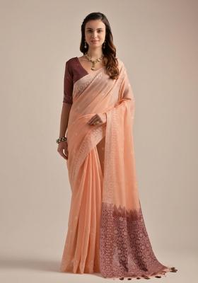 Peach Brown Weaving Work Cotton Saree Set