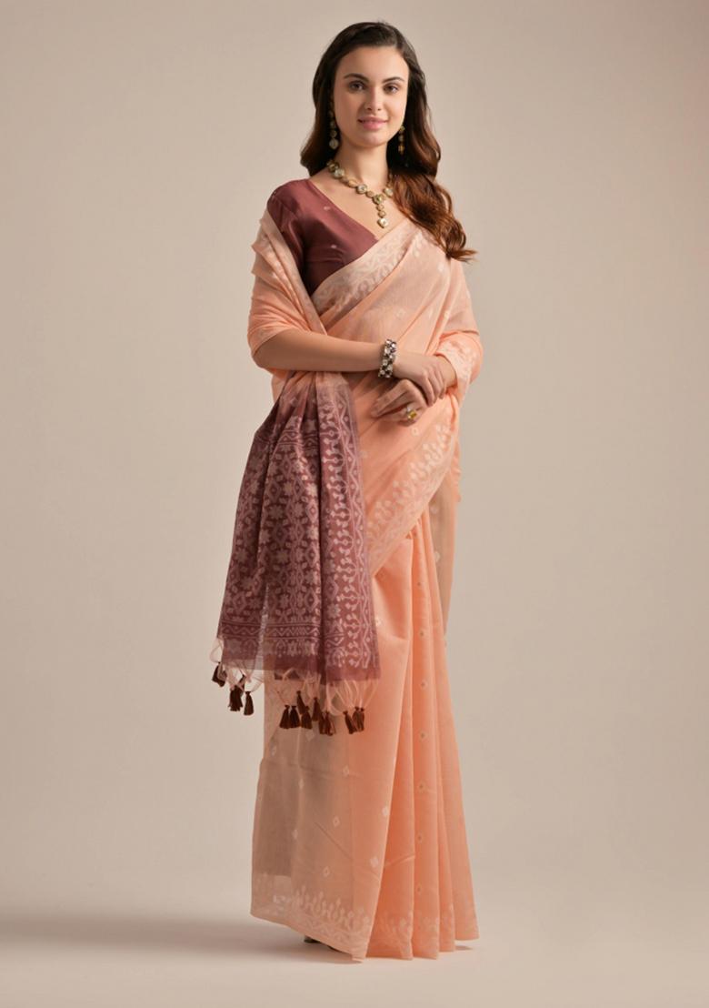 Peach Brown Weaving Work Cotton Saree Set - Indya