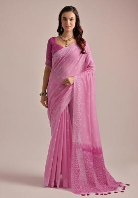 Pink Weaving Work Cotton Saree Set