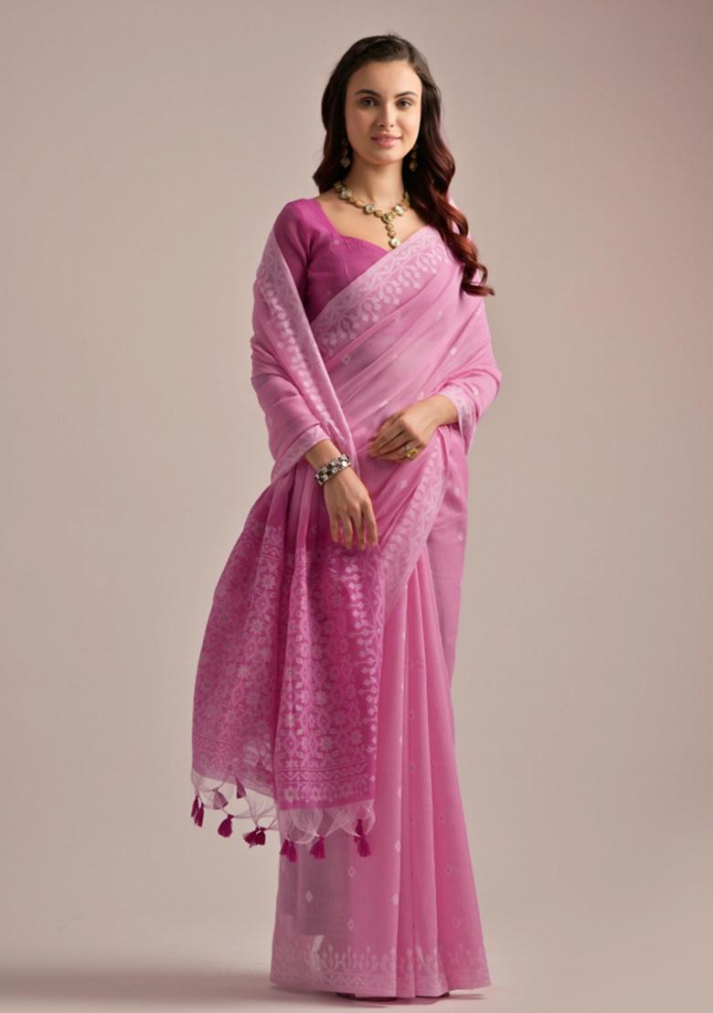 Pink Weaving Work Cotton Saree Set - Indya