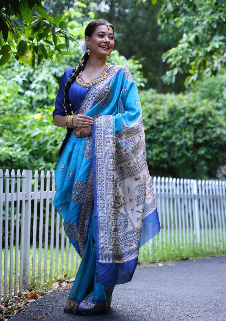 Blue Royal Printed Silk Saree Set - Indya