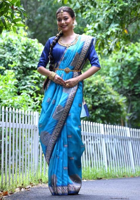 Blue Royal Printed Silk Saree Set