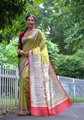 Light Green Red Printed Silk Saree Set