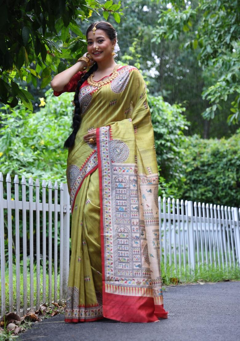 Light Green Red Printed Silk Saree Set - Indya