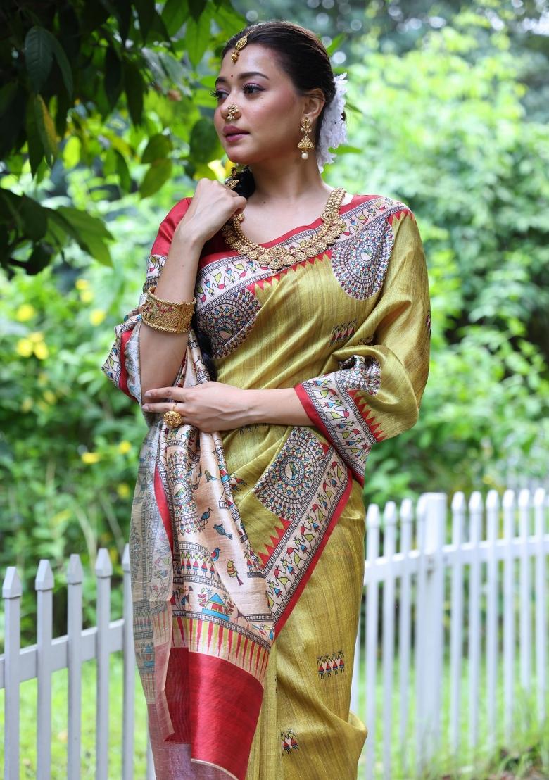 Light Green Red Printed Silk Saree Set - Indya