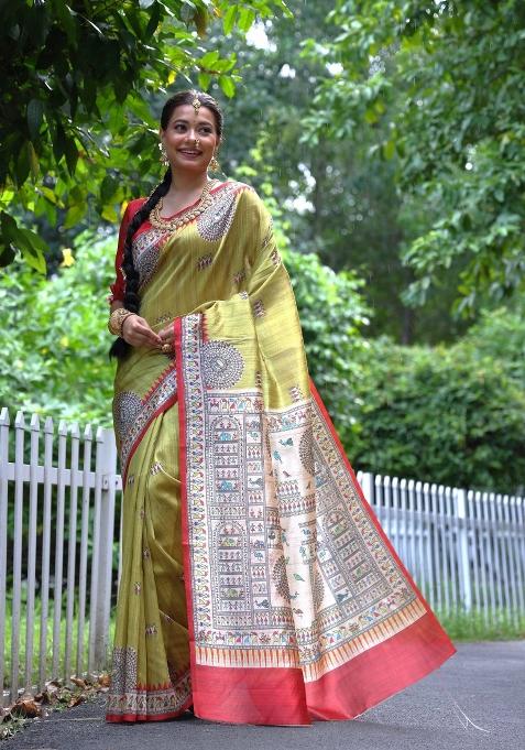 Light Green Red Printed Silk Saree Set