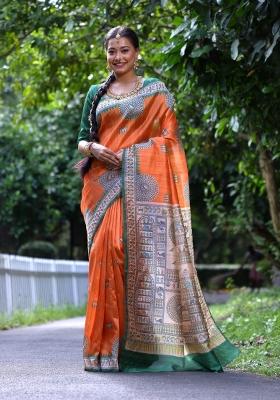 Orange And Green Printed Silk Saree Set