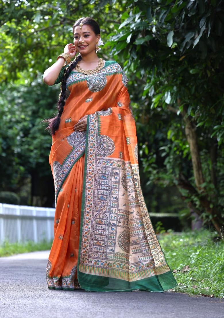 Orange And Green Printed Silk Saree Set - Indya