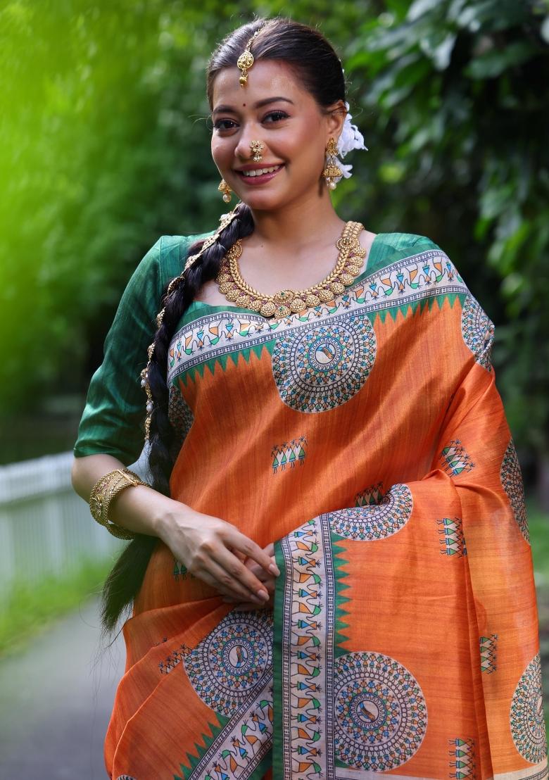 Orange And Green Printed Silk Saree Set - Indya
