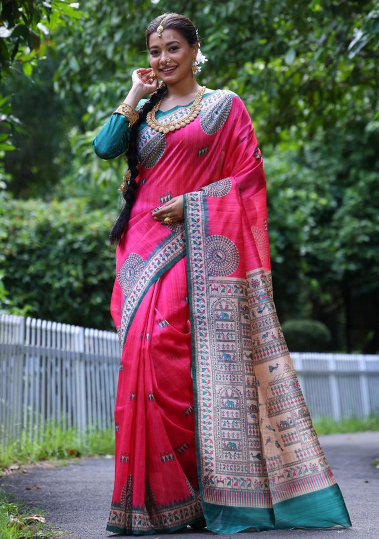 Pink Blue Printed Silk Saree Set - Indya