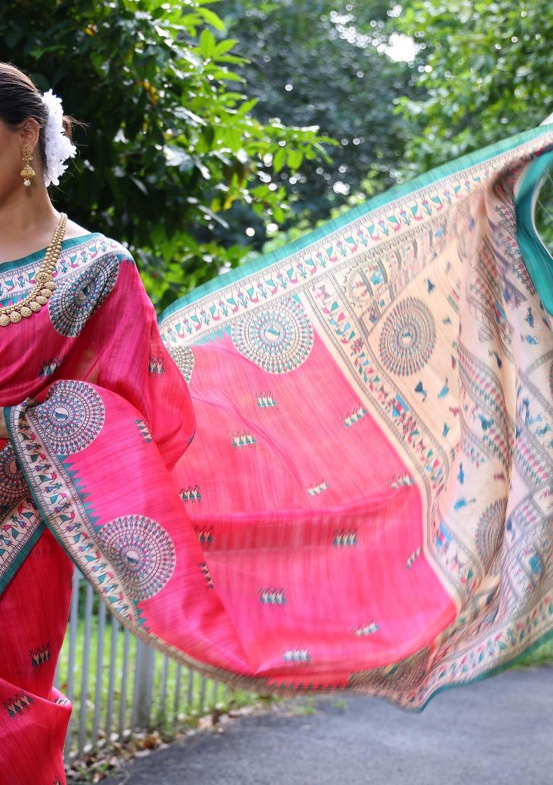 Pink Blue Printed Silk Saree Set - Indya