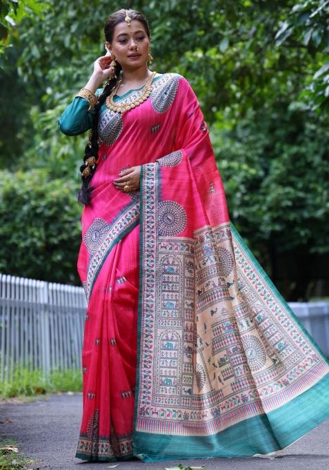 Pink Blue Printed Silk Saree Set