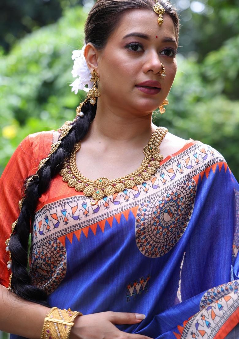 Royal Blue And Red Printed Silk Saree Set - Indya