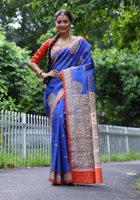 Royal Blue And Red Printed Silk Saree Set