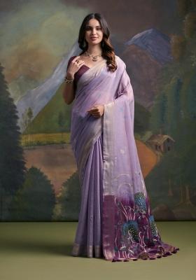 Lavender Purple Weaving Work Cotton Saree Set