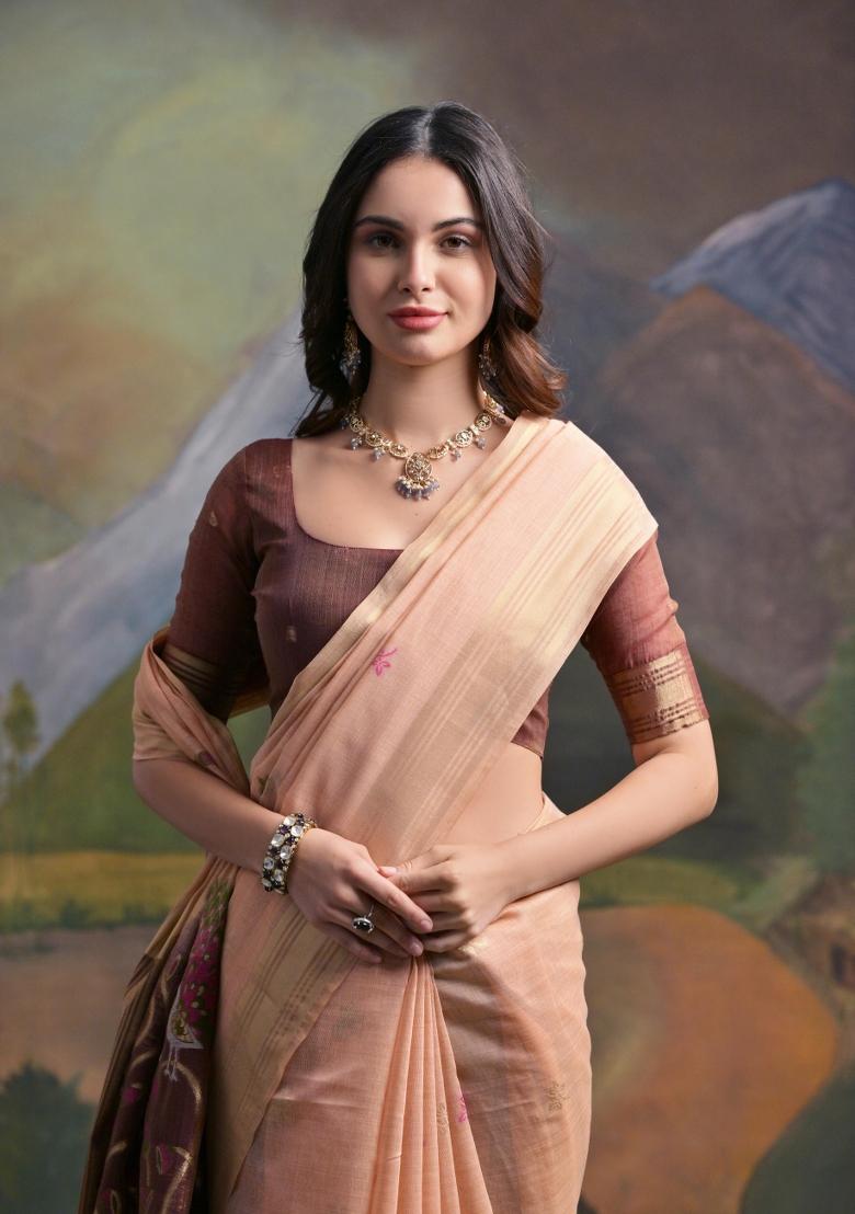 Peach Brown Weaving Work Cotton Saree Set - Indya