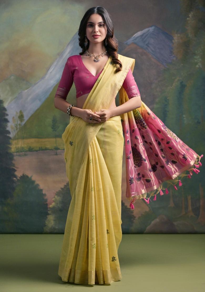 Yellow And Pink Weaving Work Cotton Saree Set - Indya