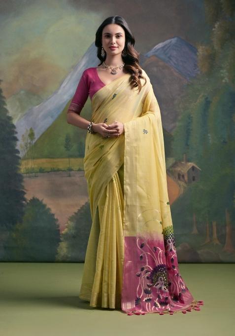 Yellow And Pink Weaving Work Cotton Saree Set