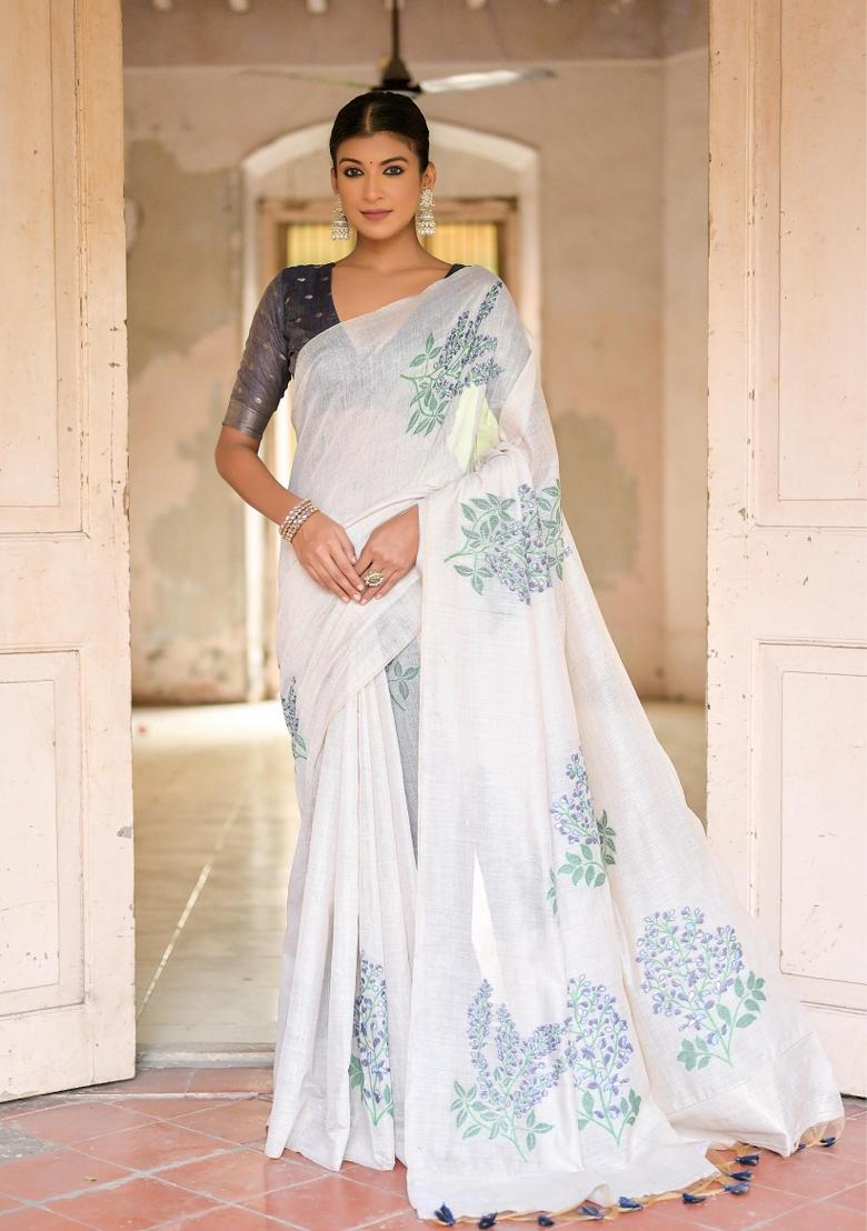 Off-White And Blue Weaving Work Cotton Saree Set - Indya