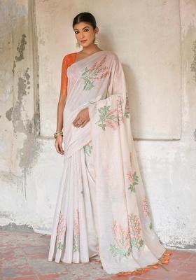 Off-White And Orange Weaving Work Cotton Saree Set