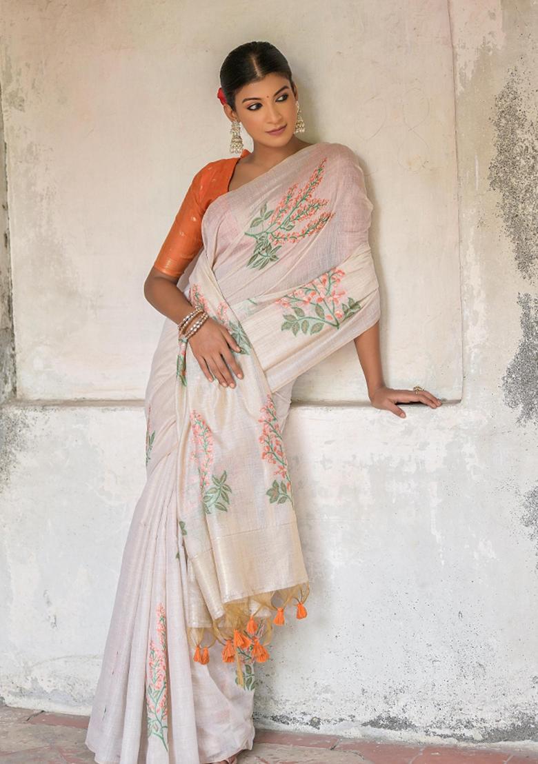 Off-White And Orange Weaving Work Cotton Saree Set - Indya