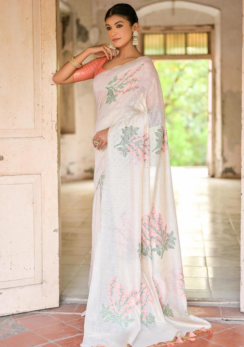 Off-White And Peach Weaving Work Cotton Saree Set - Indya