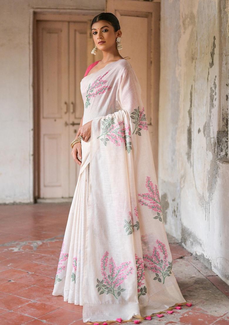 Off-White And Pink Weaving Work Cotton Saree Set - Indya