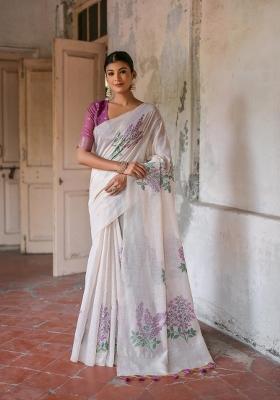 Off-White And Purple Weaving Work Cotton Saree Set