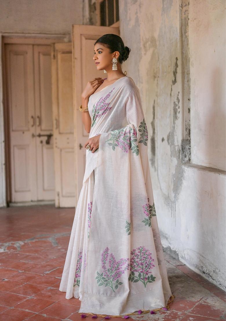 Off-White And Purple Weaving Work Cotton Saree Set - Indya