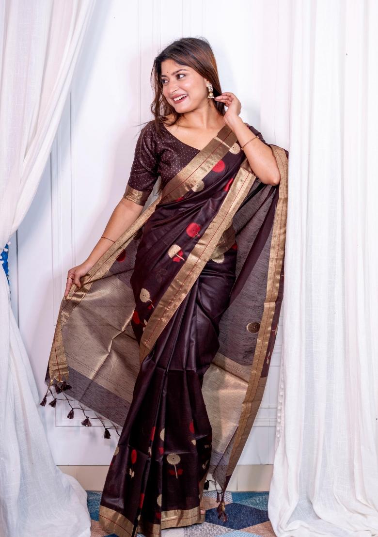 Brown Weaving Work Silk Saree Set - Indya