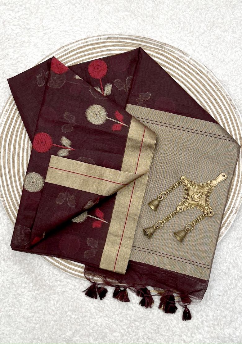 Brown Weaving Work Silk Saree Set - Indya