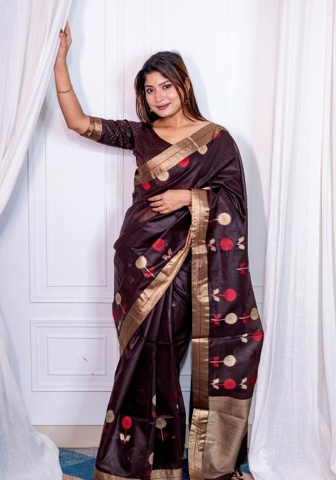 Brown Weaving Work Silk Saree Set