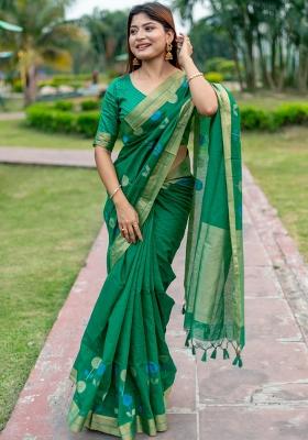 Green Weaving Work Silk Saree Set