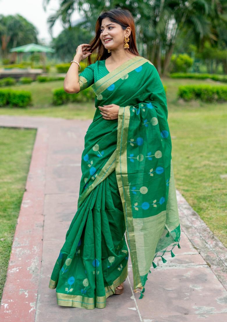 Green Weaving Work Silk Saree Set - Indya
