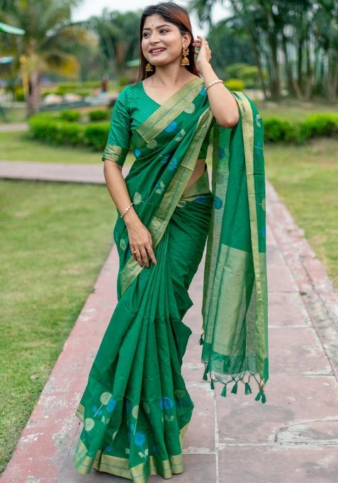 Green Weaving Work Silk Saree Set
