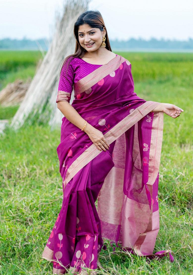 Purple Weaving Work Silk Saree Set - Indya
