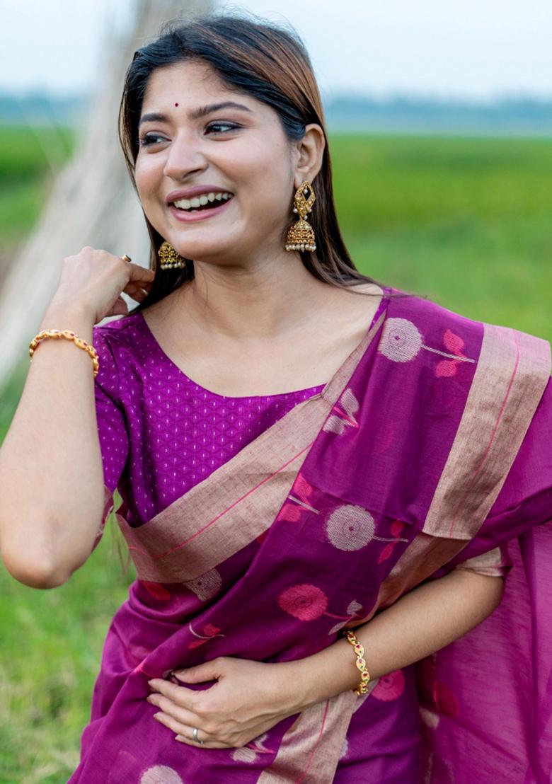 Purple Weaving Work Silk Saree Set - Indya