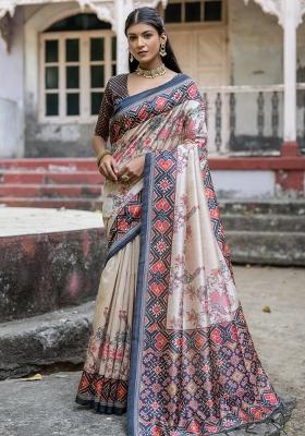 Cream And Black Printed Silk Saree Set