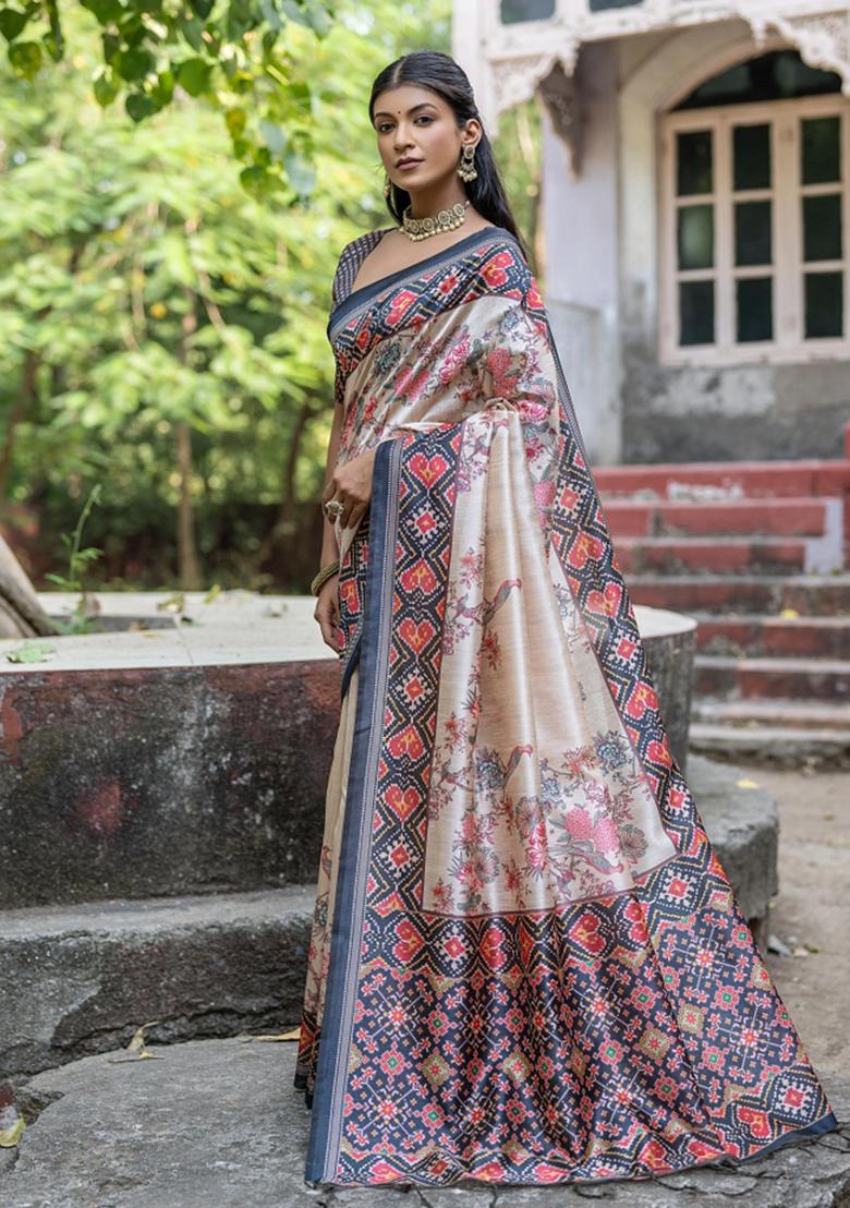 Cream And Black Printed Silk Saree Set - Indya