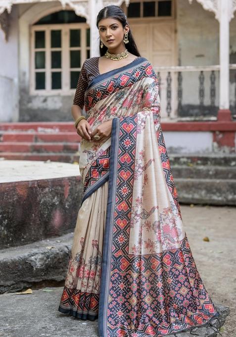 Cream And Black Printed Silk Saree Set