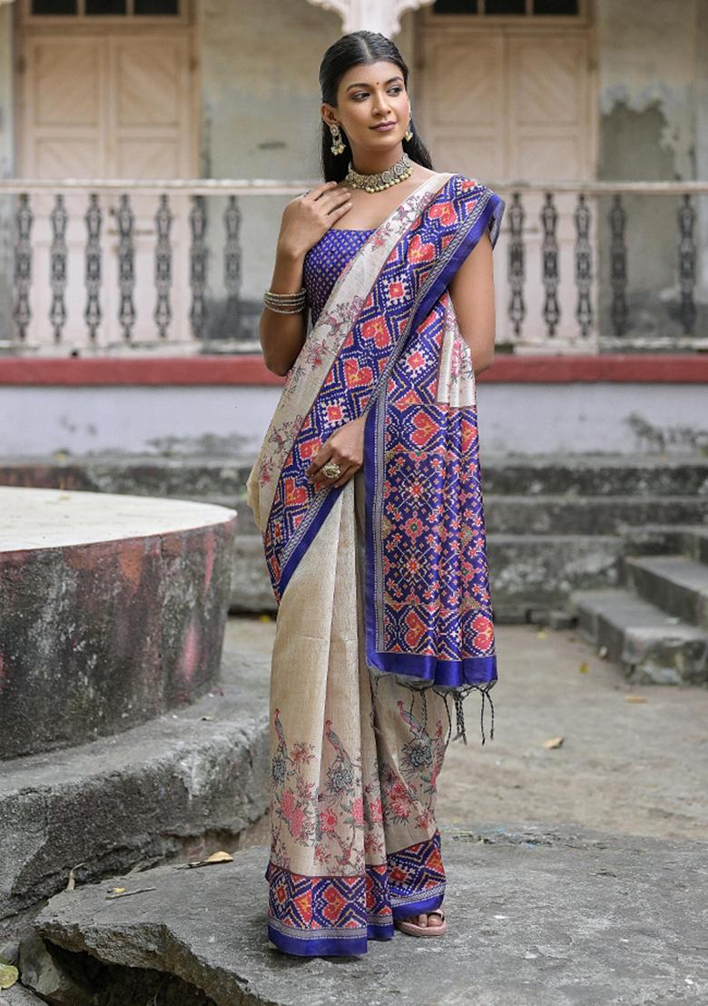 Cream And Blue Printed Silk Saree Set - Indya