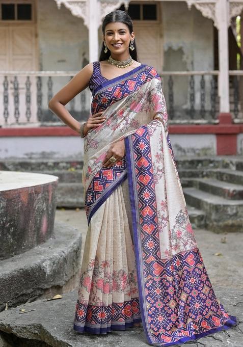 Cream And Blue Printed Silk Saree Set