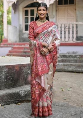 Cream And Maroon Printed Silk Saree Set