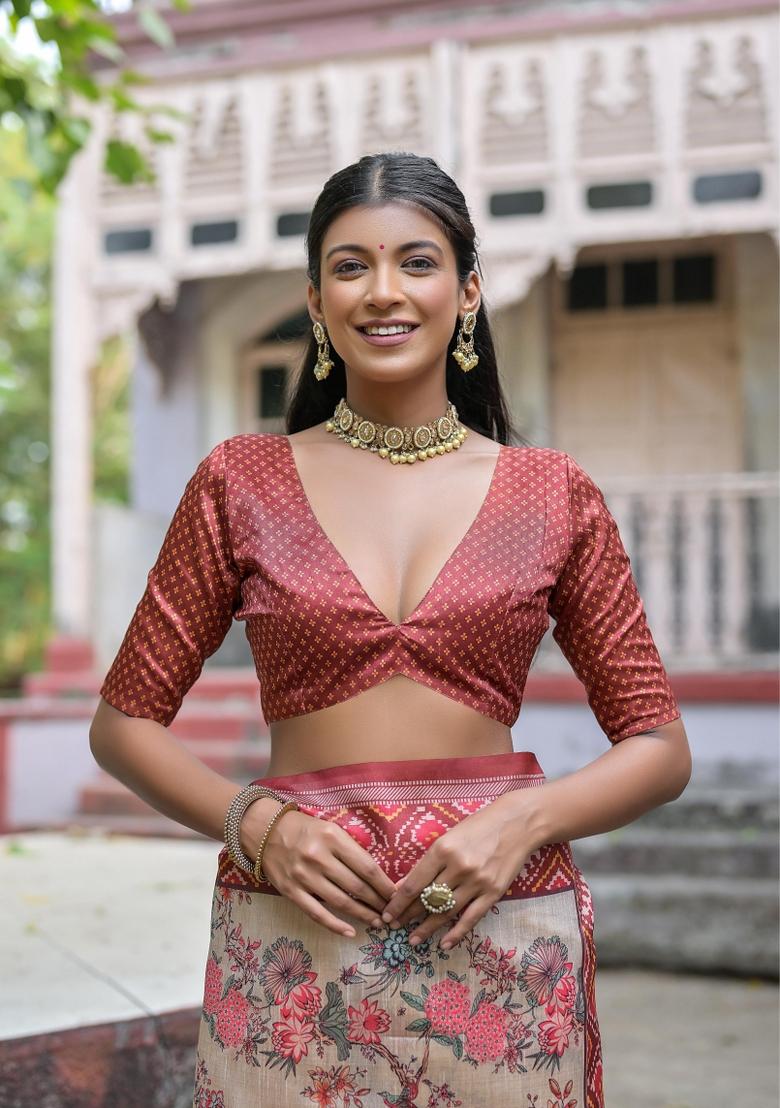 Cream And Maroon Printed Silk Saree Set - Indya