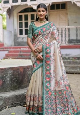 Cream And Green Printed Silk Saree Set